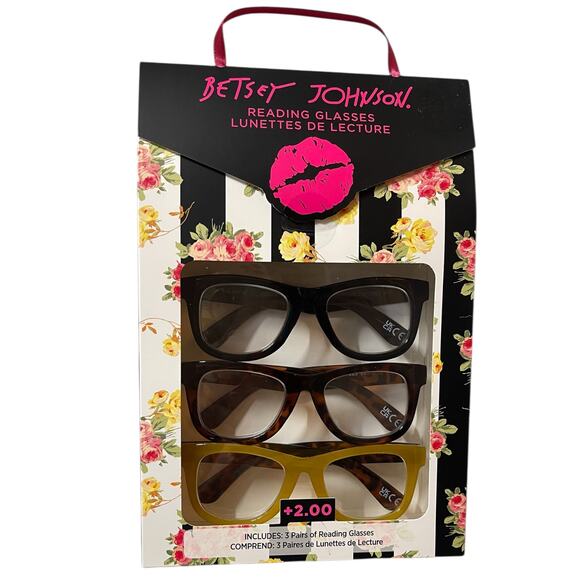 Betsey Johnson +2.00 Reading Glasses Readers 3 Pack Set Square Mustard Tortoise - Picture 1 of 16